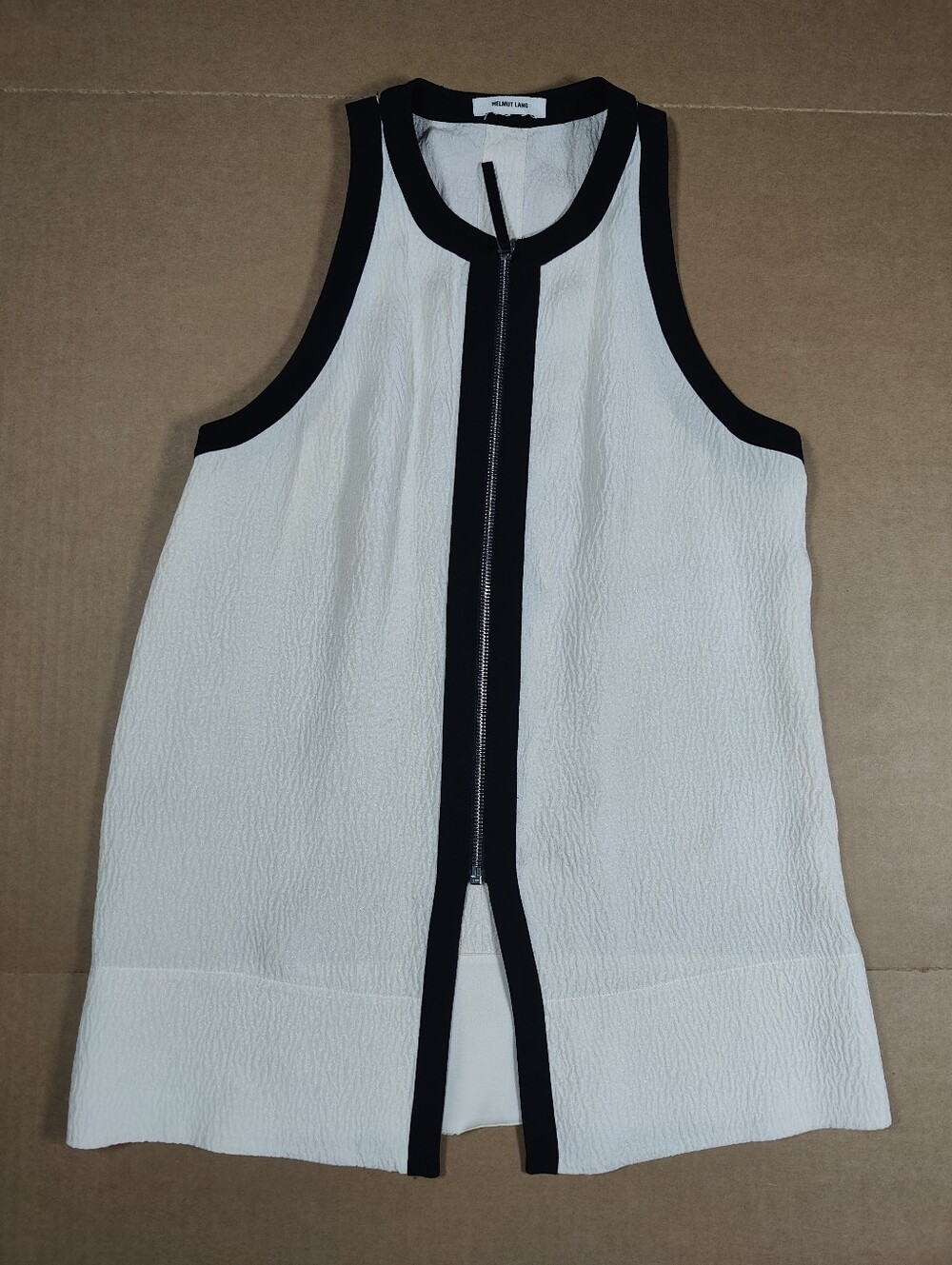 Helmut Lang Women's Ivory 100% Silk Sleeveless Full Zip Blouse Black Trim Size M